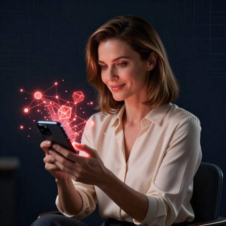 Уверенная женщина рассчитывает комиссию в сети TRON с помощью калькулятора энергии на смартфоне