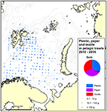 Наблюдения за морским мусором, частоты и среднее количество в Баренцевом море