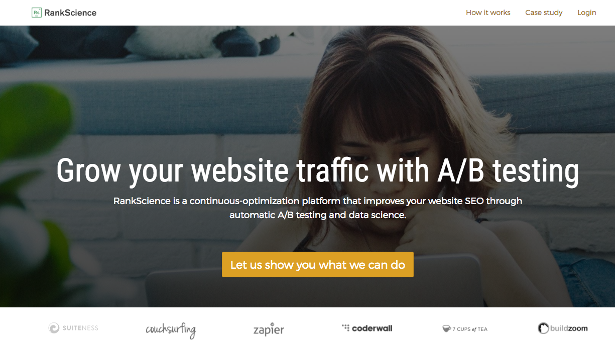 На домашній сторінці RankScience наша сторінка називає Розширення трафіку веб-сайту за допомогою тестування A / B