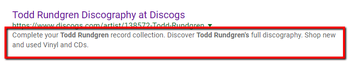 Например, в поисковой выдаче для запроса музыканта «Тодд Рундгрен» этот фрагмент поисковой выдачи явно взят непосредственно из мета-описания: