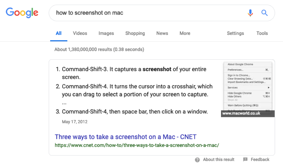 Tutaj chciałbyś znać skrót do zrobienia zrzutu ekranu na swoim komputerze Mac, więc wyszukasz „jak zrobić zrzut ekranu na mac”